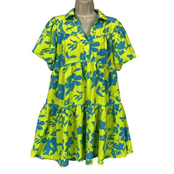Umgee Shirt Dress Womens Small Bubble Mini Bold Neon Floral Tiered Ruffle NEW - Picture 1 of 12